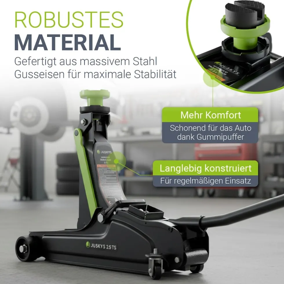 Juskys Wagenheber 2,5 t – Schwarz/Grün, hydraulisch, stabil mit Transportbox, Rangierwagenheber