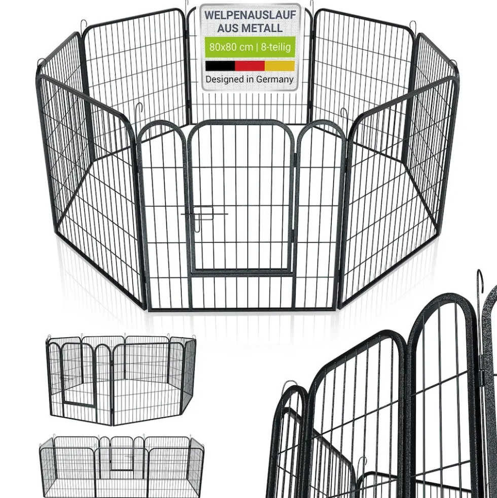 Juskys Welpenauslauf Plus 160x160x80 cm, 8-teilig aus Metall mit Tür für Hunde, Hasen & Kleintiere