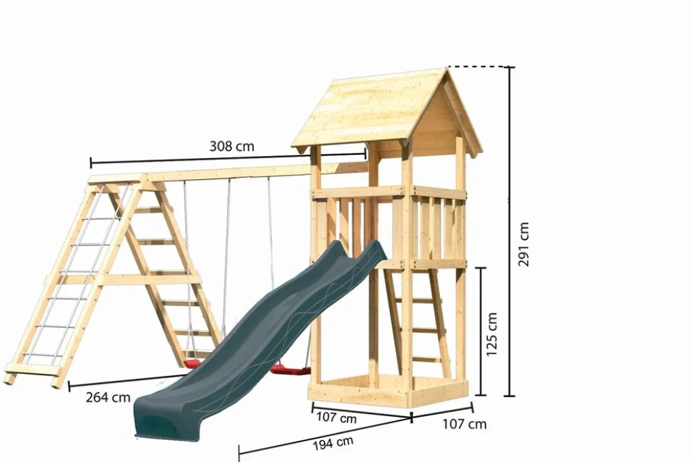 Karibu Spielturm Lotti Satteldach + Rutsche + Gerüst / Doppelschaukel