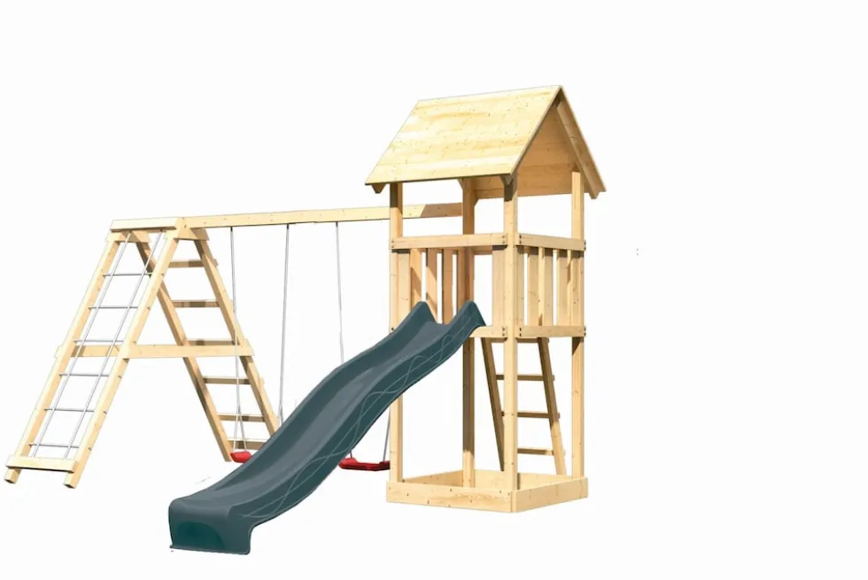 Karibu Spielturm Lotti Satteldach + Rutsche + Gerüst / Doppelschaukel