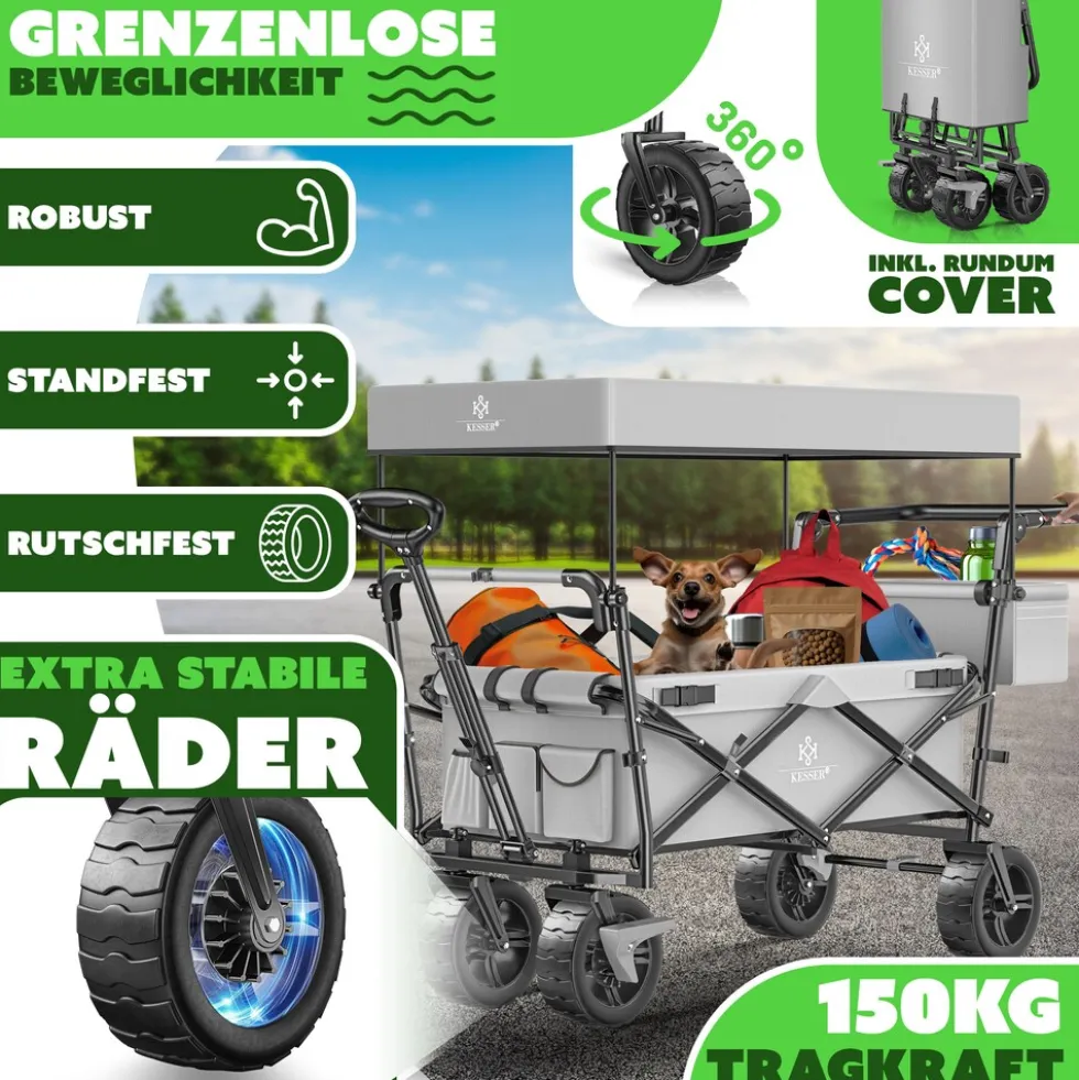 KESSER® Bollerwagen faltbar GT9000 Handwagen mit Dach | Transportwagen max. belastbar bis 150kg mit Hartgummi-Räder & Feststellbremsen (Vorne & Hinten) | Inkl. Abdeckung, Wetter & Sichtschutz