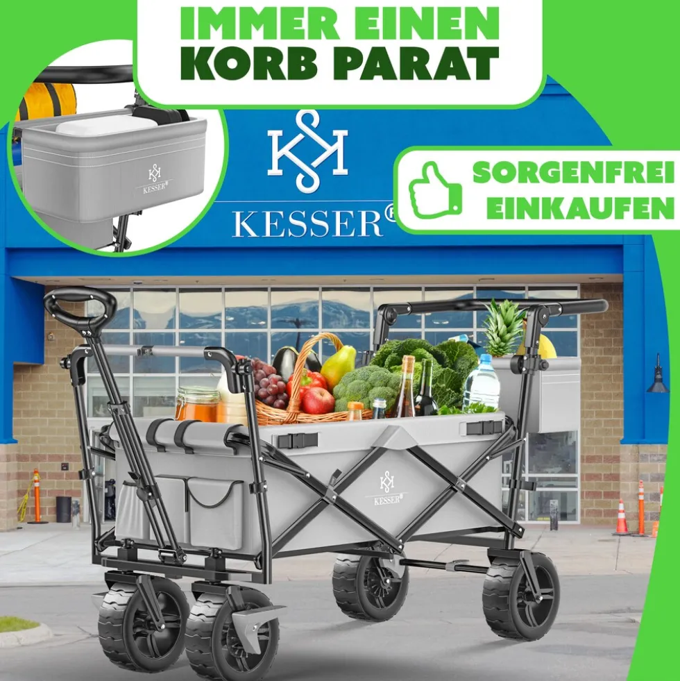 KESSER® Bollerwagen faltbar GT9000 Handwagen mit Dach | Transportwagen max. belastbar bis 150kg mit Hartgummi-Räder & Feststellbremsen (Vorne & Hinten) | Inkl. Abdeckung, Wetter & Sichtschutz