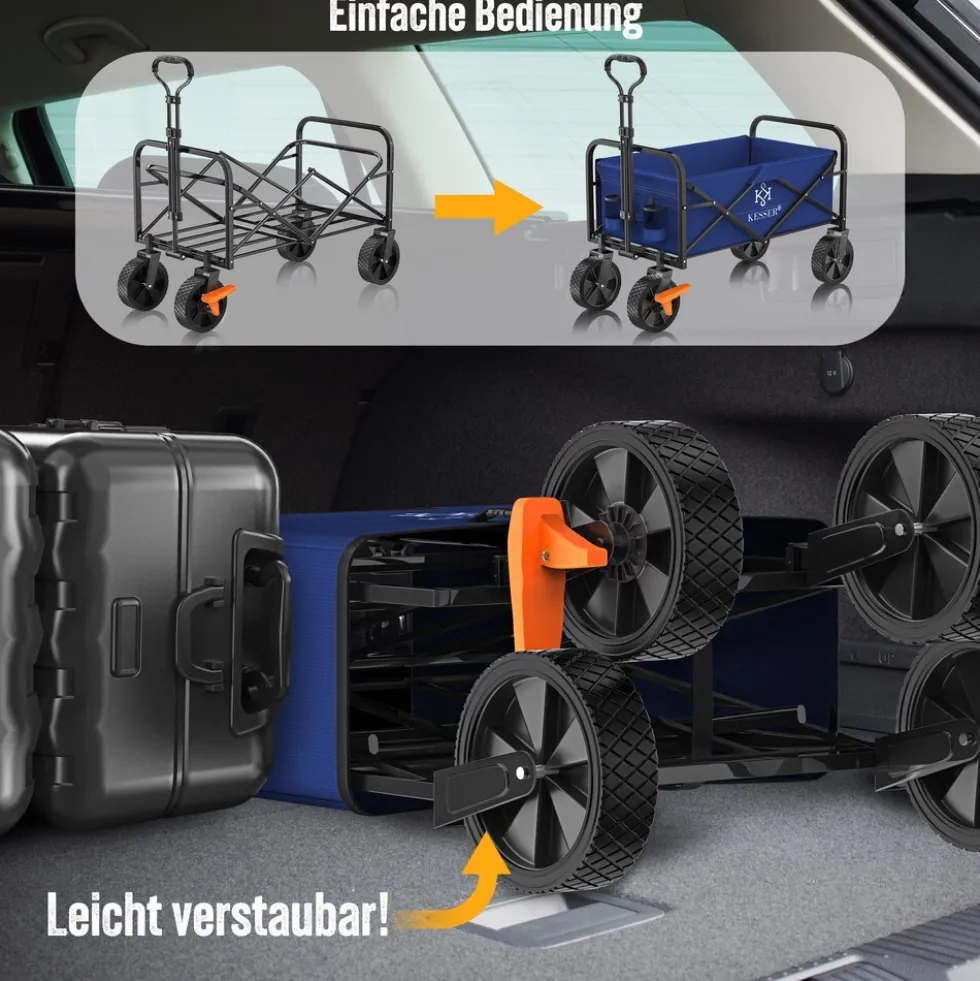 KESSER® Bollerwagen faltbar Handwagen Transportkarre max. 150kg Tragkraft & 360° PVC-Reifen Gerätewagen inkl. 2 Netztaschen, Seitentasche & Abdeckung Transportwagen Gartenanhänger ohne Dach