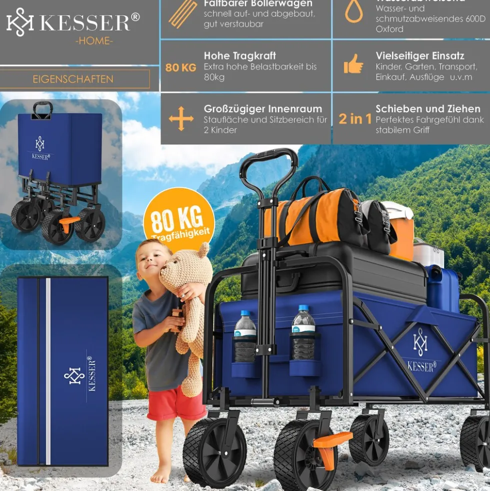 KESSER® Bollerwagen faltbar Handwagen Transportkarre max. 150kg Tragkraft & 360° PVC-Reifen Gerätewagen inkl. 2 Netztaschen, Seitentasche & Abdeckung Transportwagen Gartenanhänger ohne Dach