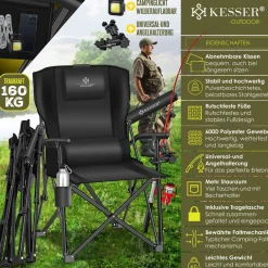 KESSER® Campingstuhl faltbar bis 160 kg | Angelstuhl Faltstuhl Klappstuhl Gepolstert mit Armlehnen | Campinglicht und Getränkehalter + Tasche mit hoher Rückenlehne | Strandstuhl mit Angelhalterung