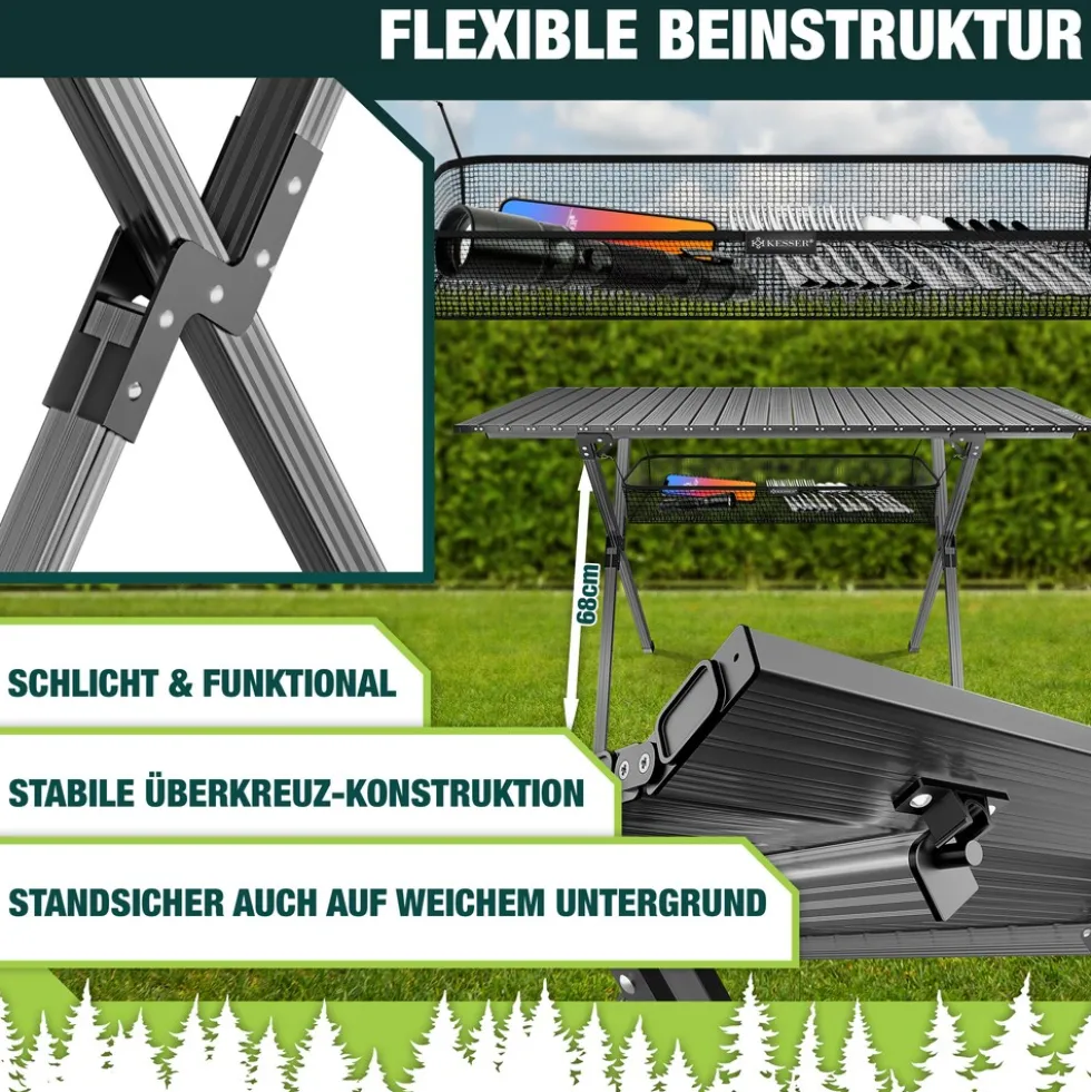 KESSER® Campingtisch faltbar Klapptisch mit Aluminiumrahmen Aufrollbare Tischplatte Falttisch klappbar 145x70x70cm bis 100kg inkl. Tragetasche mit Trageband & Netztasche