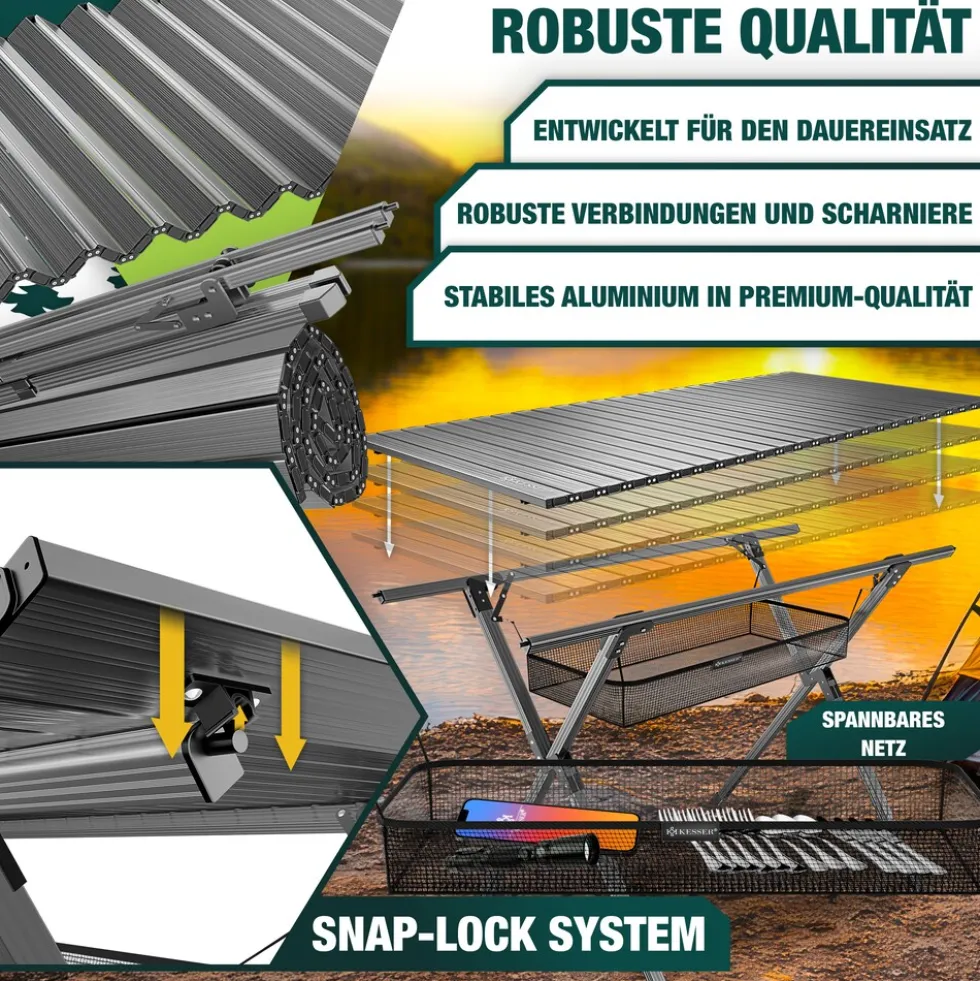 KESSER® Campingtisch faltbar Klapptisch mit Aluminiumrahmen Aufrollbare Tischplatte Falttisch klappbar 145x70x70cm bis 100kg inkl. Tragetasche mit Trageband & Netztasche