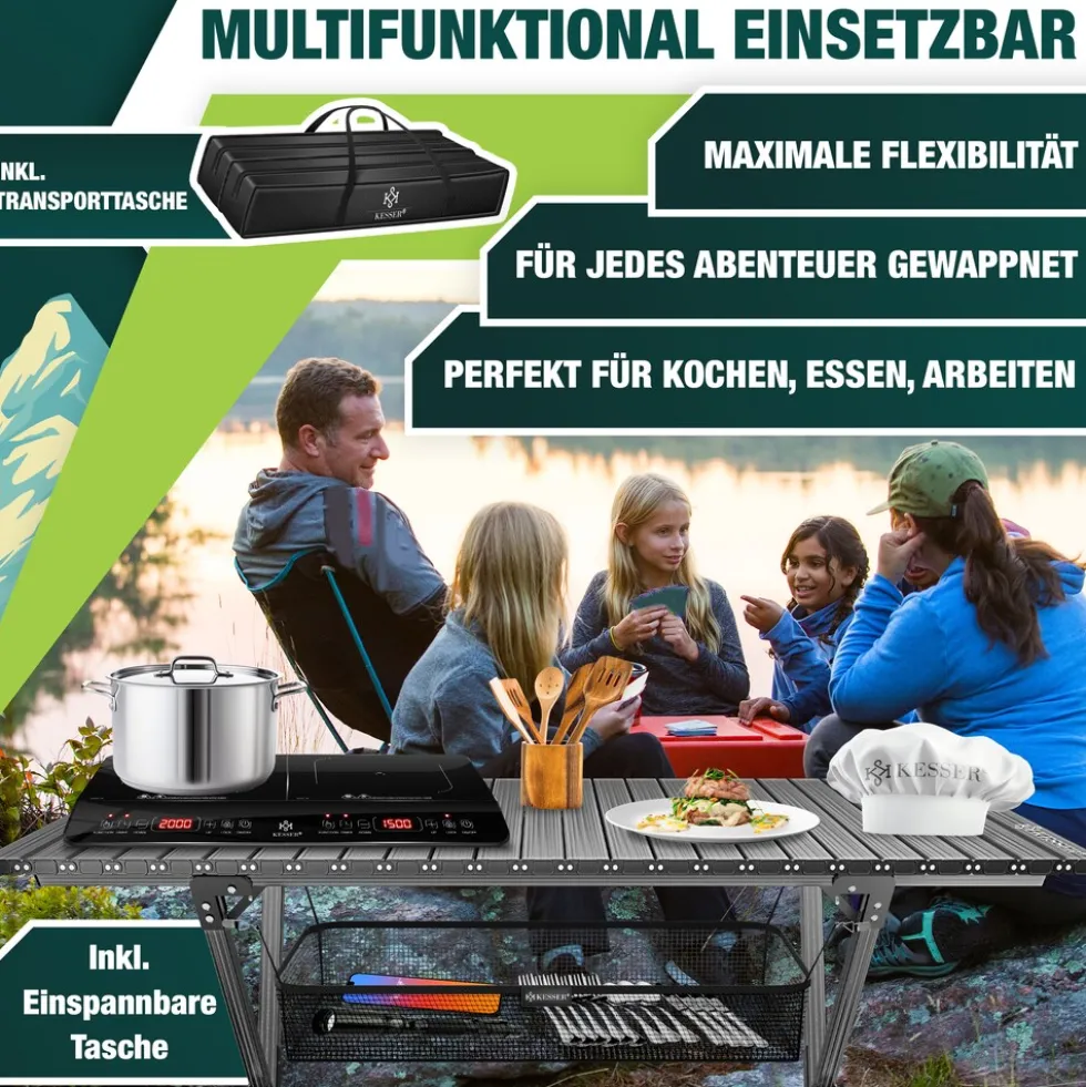 KESSER® Campingtisch faltbar Klapptisch mit Aluminiumrahmen Aufrollbare Tischplatte Falttisch klappbar 145x70x70cm bis 100kg inkl. Tragetasche mit Trageband & Netztasche