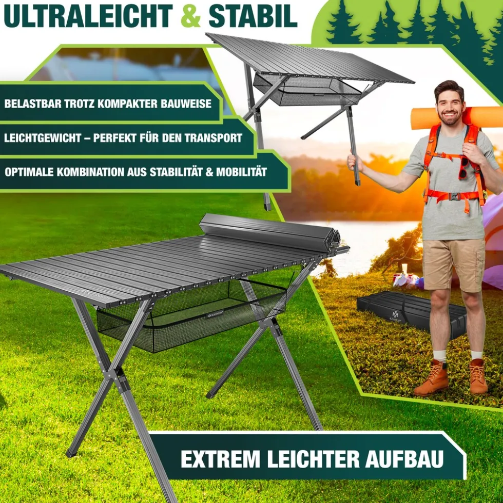 KESSER® Campingtisch faltbar Klapptisch mit Aluminiumrahmen Aufrollbare Tischplatte Falttisch klappbar 145x70x70cm bis 100kg inkl. Tragetasche mit Trageband & Netztasche