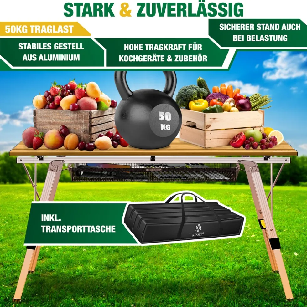 KESSER® Campingtisch faltbar Klapptisch mit Aluminiumrahmen Aufrollbare Tischplatte Falttisch klappbar inkl. Tragetasche mit Trageband & Netztasche, Holz-Optik