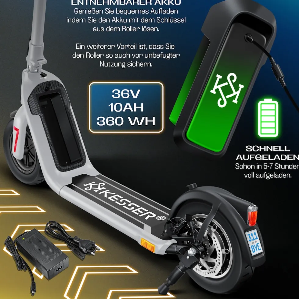 KESSER® E-Scooter mit Straßenzulassung 40km Reichweite Faltbarer Elektro 36V / 10 Ah Batterie Roller Belastung bis 120kg 450W Motor 10" Reifen LCD-Display und universelle Smartphonehalterung