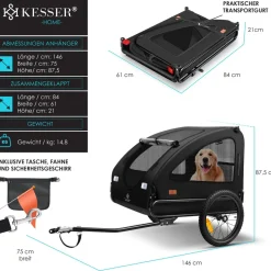 KESSER® Hundeanhänger Boxer 2-in-1 Hundebuggy Fahrradanhänger groß ca. 250L Volumen - Inkl. Fahne und Tasche - 600D Oxford Canvas, KlappbarSmartSpace Concept, maximale Belastbarkeit: 45kg