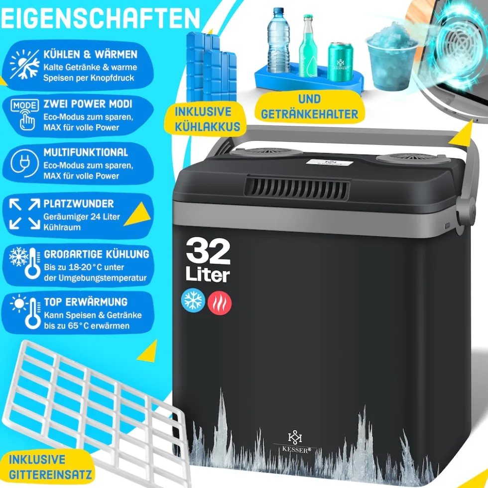 KESSER® 32 L Kühlbox 12V, 230V Stecker, Mini-Kühlschrank, Thermoelektrische Warmhaltebox