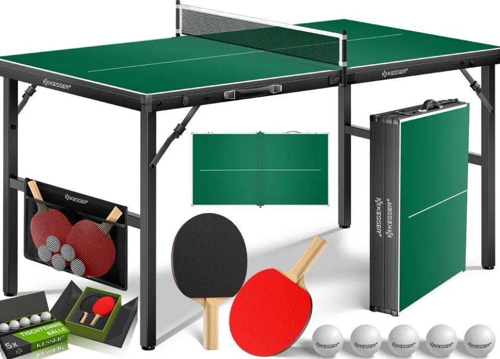 KESSER® Tischtennisplatte Mini mit Tischtennisschläger-Set, Tischtennisbällen und TT-Netz | Indoor | Unterwegs, laminierte Platte + klappbar – Kofferdesign, Kinder und Erwachsene – 153 x 76,5 cm
