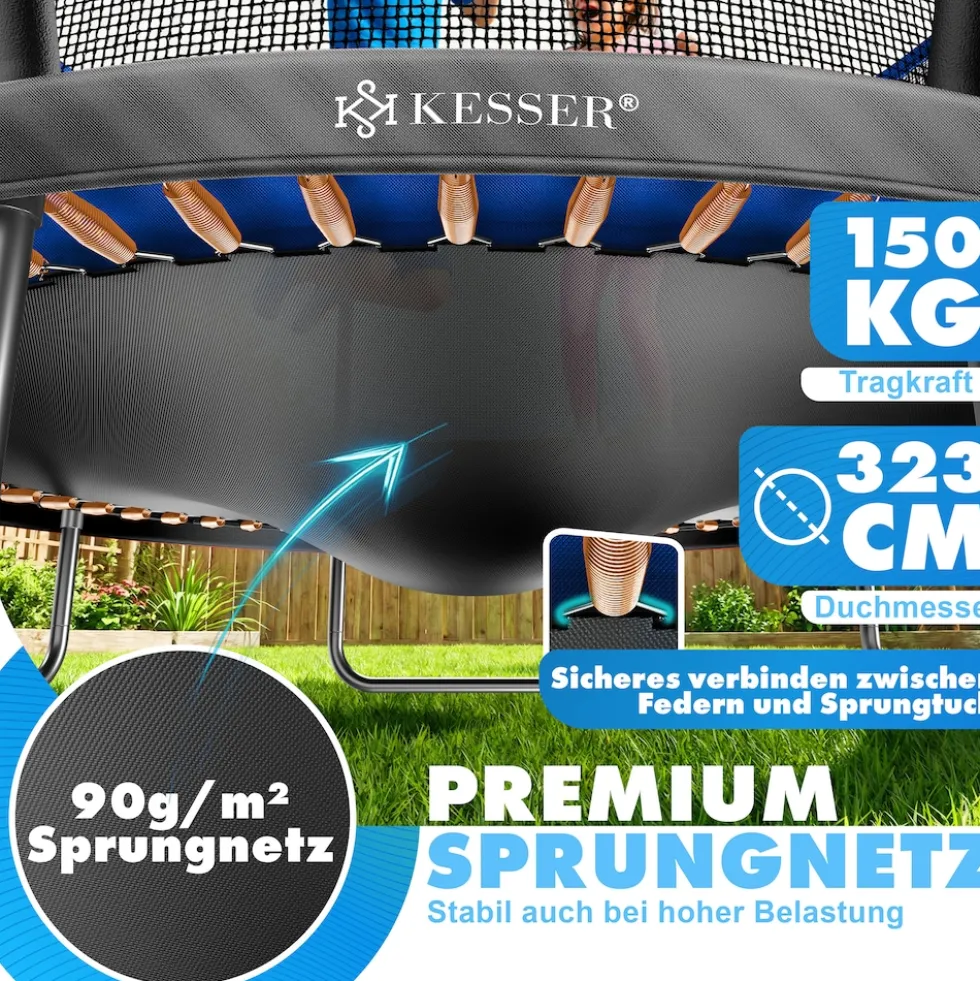 KESSER® Trampolin Outdoor Ø 244/305/366/427 cm, GS-Zertifikat, Gartentrampolin für Kinder & Erwachsene <150 kg mit Sicherheitsnetz, inklusive Tasche, Leiter, Randabdeckung & gepolsterten Netzstangen