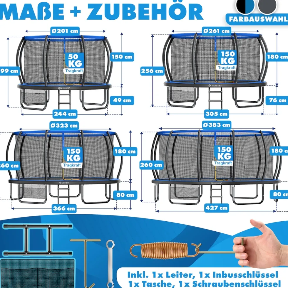 KESSER® Trampolin Outdoor Ø 244/305/366/427 cm, GS-Zertifikat, Gartentrampolin für Kinder & Erwachsene <150 kg mit Sicherheitsnetz, inklusive Tasche, Leiter, Randabdeckung & gepolsterten Netzstangen