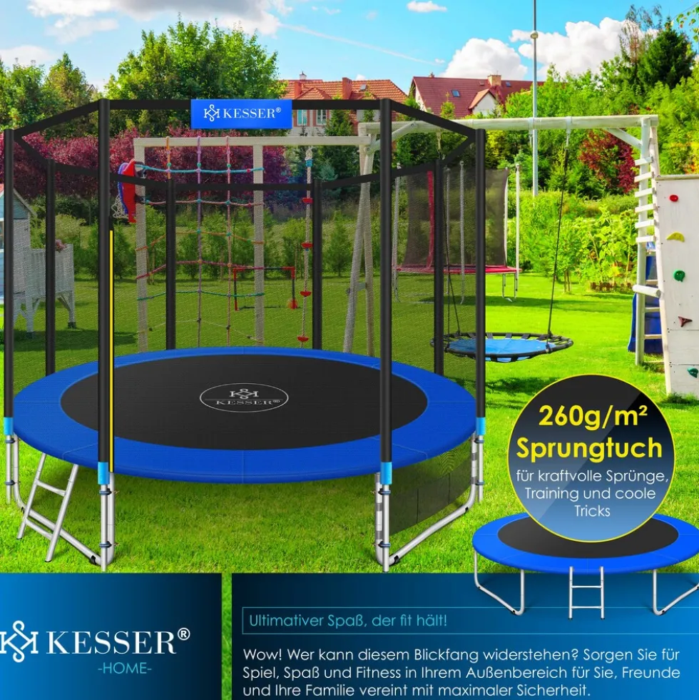 KESSER® - Trampolin | TÜV Rheinland GS Zertifiziert | Komplettset mit Sicherheitsnetz, Leiter, Randabdeckung, Seitentasche & Zubehör | Kindertrampolin Gartentrampolin Belastbarkeit 150 kg