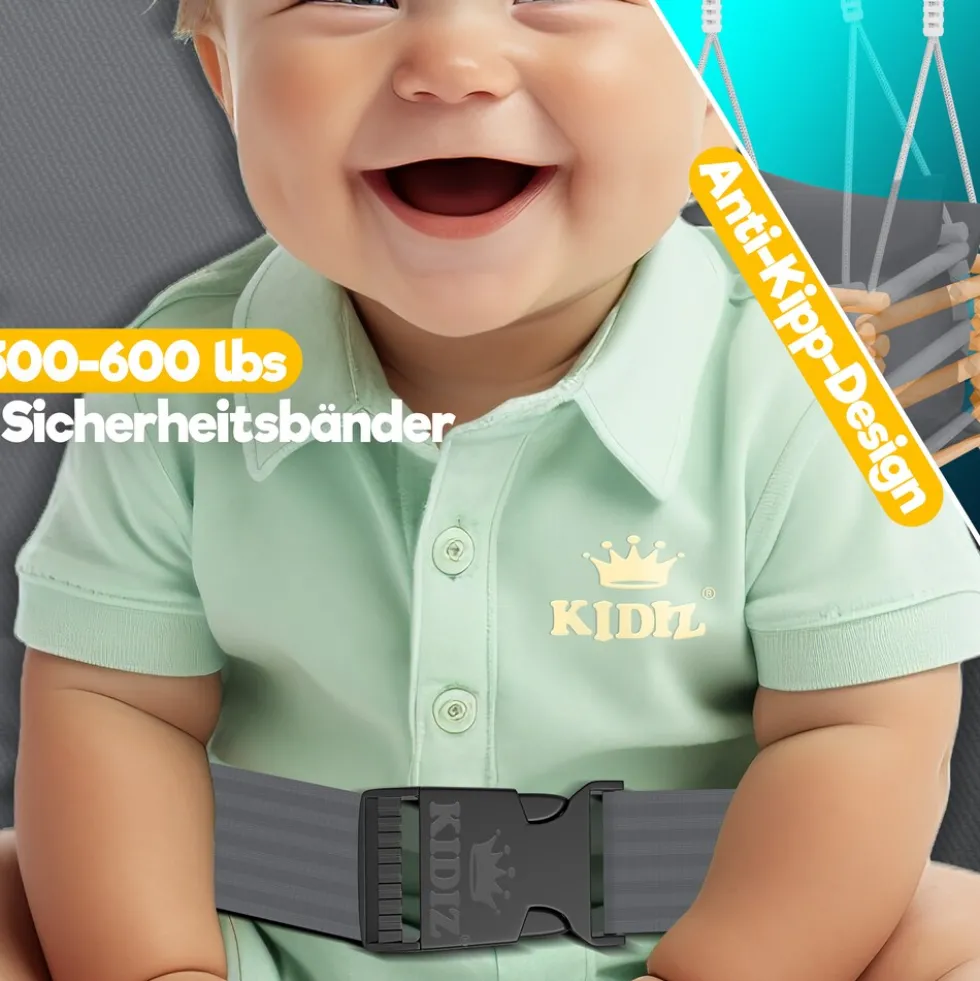 KIDIZ® Babyschaukel Kinderschaukel Schaukelsitz mit Polsterung | Holz-Schaukel mit Anti-Kipp bis 60KG | Höhenverstellbar Indoor & Outdoor | 0,5 - 3 Jahre | Montagezubehör & Sicherheitsgurt