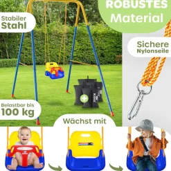 KIDIZ® Babyschaukel mit Gestell 3in1 Kinderschaukel mitwachsend für Babys ab 6 Monate & Kinder bis 10 Jahre für drinnen & draußen, bis 100kg belastbar, Schaukelgestell inkl. 4 Sandsäcke 5kg auffüllbar