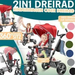 KIDIZ® Dreirad 5in1 Kinderdreirad mit Schubstange Lenksystem Stange ab 1 Jahr vorwärts und Rückwärtsfahrt Jogger , Korb Tasche Getränkehalter Sonnendach Gummiräder, Buggy Fahrrad Baby Klappbar