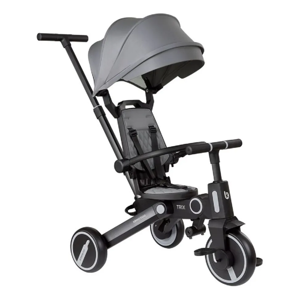 Kikkaboo Dreirad, Tricycle Trix 3 in 1 Schiebegriff, Sonnendach faltbar, Gurt grau