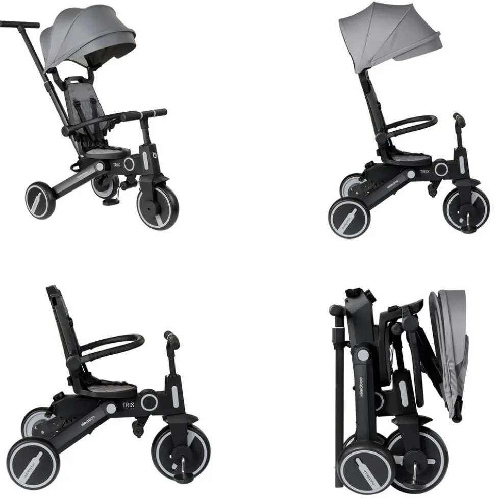 Kikkaboo Dreirad, Tricycle Trix 3 in 1 Schiebegriff, Sonnendach faltbar, Gurt grau