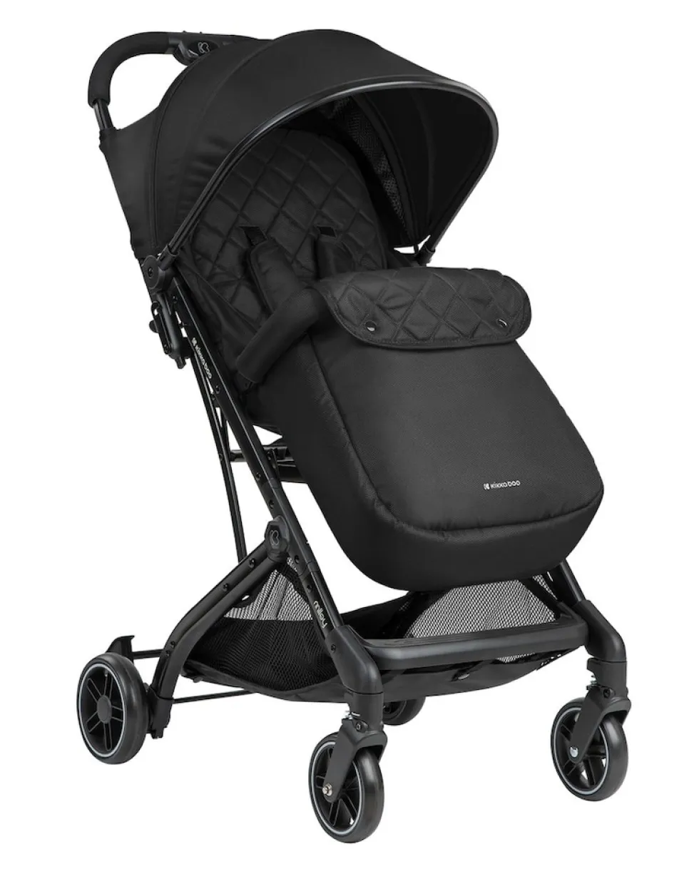Kikkaboo Kinderwagen Miley mit Fußsack, Fußstütze verstellbar, klappbar, Korb schwarz gemustert