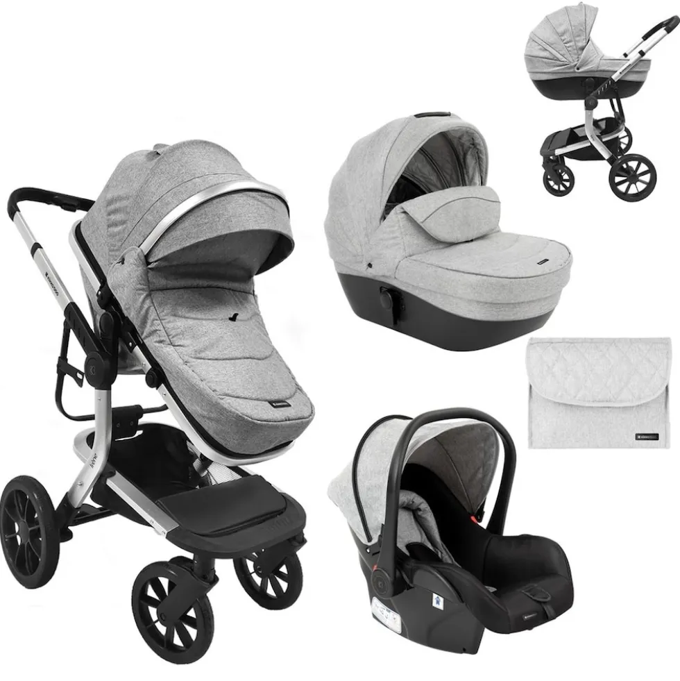 Kikkaboo Kombikinderwagen Irene 3 in 1 Babywanne Autositz Adapter Wickeltasche grau hellgrau