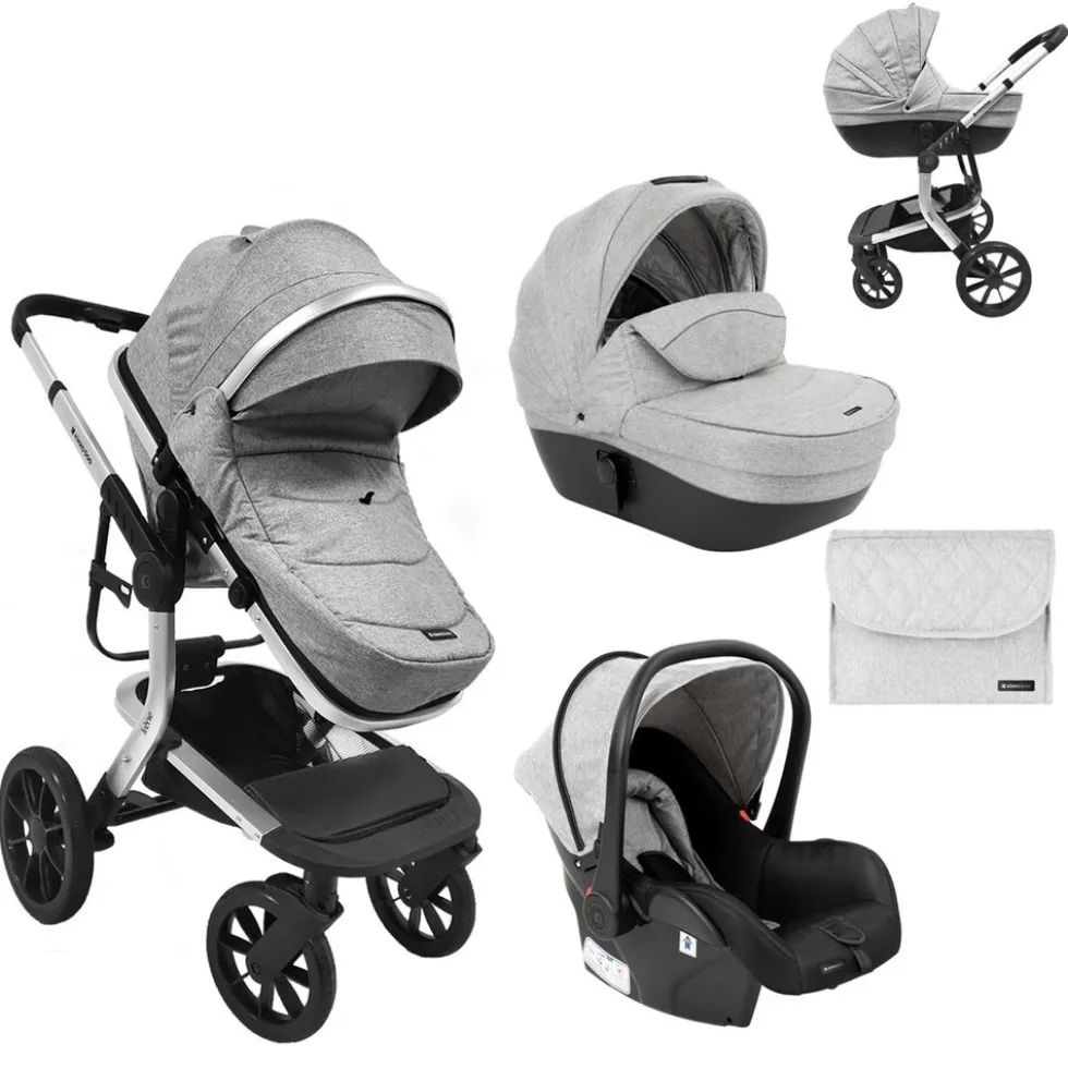 Kikkaboo Kombikinderwagen Irene 3 in 1 Babywanne Autositz Adapter Wickeltasche grau hellgrau