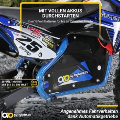 Kinder-Crossbike Gepard, Elektro-Kindermotorrad, 500 Watt, bis 24 km/h, verstärkte Gabel, ab 8 J. (Blau)
