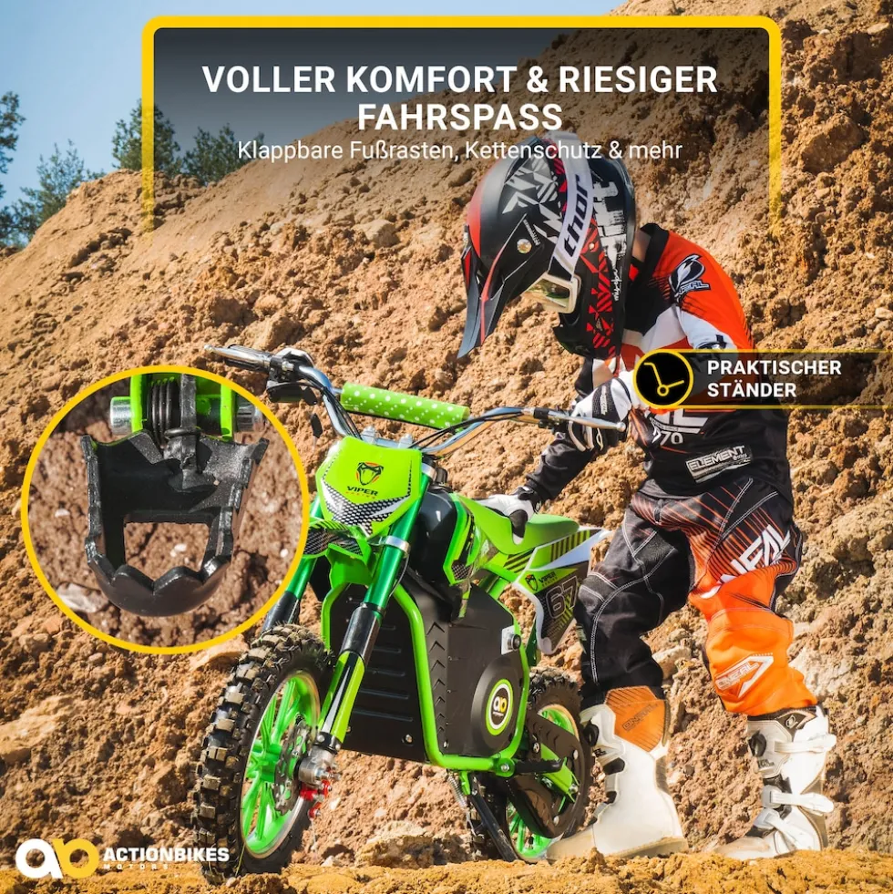 Kinder-Crossbike Viper, Elektro-Kindermotorrad, 1000 Watt, bis 24 km/h, Scheibenbremsen, ab 8 Jahren (Schwarz)