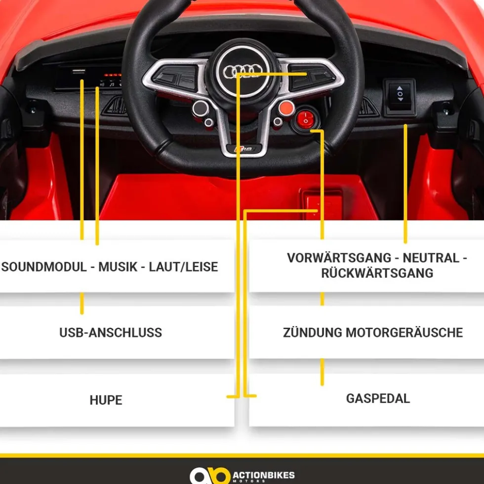 Kinder-Elektroauto Audi R8 Spyder lizenziert, 60 Watt, LED-Scheinwerfer, Musik, Hupe, Fernbedienung, (Schwarz)