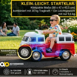Kinder-Elektroauto VW T1 Camper Bus, Bremsautomatik, 3-5 km/h, Soft-Start, LED, Fernbedienung