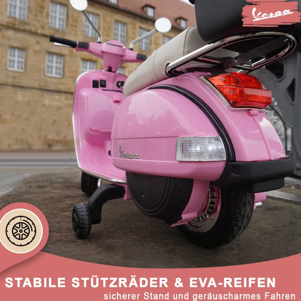 Kinder-Elektroroller Vespa, lizenziert, EVA-Reifen, LED-Scheinwerfer, Koffer, Soundmodul, Stützräder (Pink)