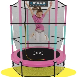 KINETIC SPORTS Kinder Trampolin JUMPER 140 cm - Inklusive Gummiseil Federung, Sicherheitsnetz mit Reißverschluss, Rahmenpolster, Schutz Bodennetz - Indoor Kindertrampolin Spielzeug | Pink-Türkis
