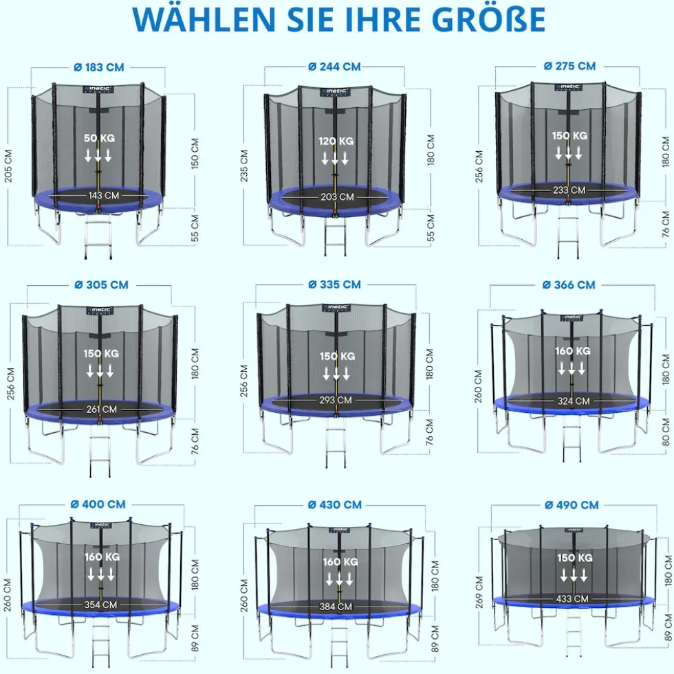 KINETIC SPORTS Trampolin Outdoor 'Salto Plus' Ø 183/244/305/366/400/430/490 cm - Komplett-Set für Kinder, USA Sprungtuch, Netz, Randpolster, Leiter - bis zu 160kg | Blau-2 Ø 183 cm Ø 183 cm, Blau-2