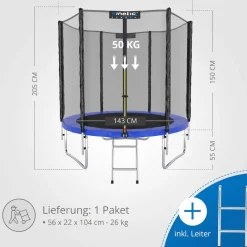 KINETIC SPORTS Trampolin Outdoor SALTO Ø 183/244/305/366/400/430/490 cm - Kindertrampolin Set mit Leiter, Netz, Randpolster, USA Sprungtuch - Gartentrampolin, bis zu 160kg | Blau Ø 183 cm Ø 183 cm, Blau