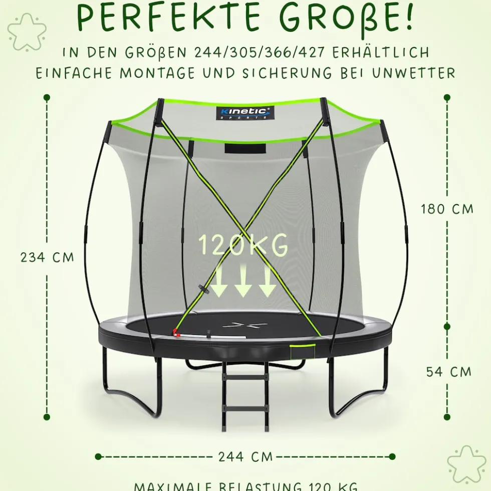 KINETIC SPORTS Trampolin Outdoor 'Ultimate Pro' Ø 244/305/366 cm, rundes Gartentrampolin mit Sicherheitsnetz, bis 120/150/160 kg | Schwarz-Neongrün Ø 244 cm