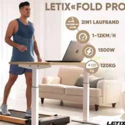 LETIX Elektrisches Laufband FoldPro 2in1 mit LCD-Display, Bluetooth & APP Funktion, für zu Hause und Büro, motorisiertes Fitnessgerät, Heimtrainer - Holzoptik