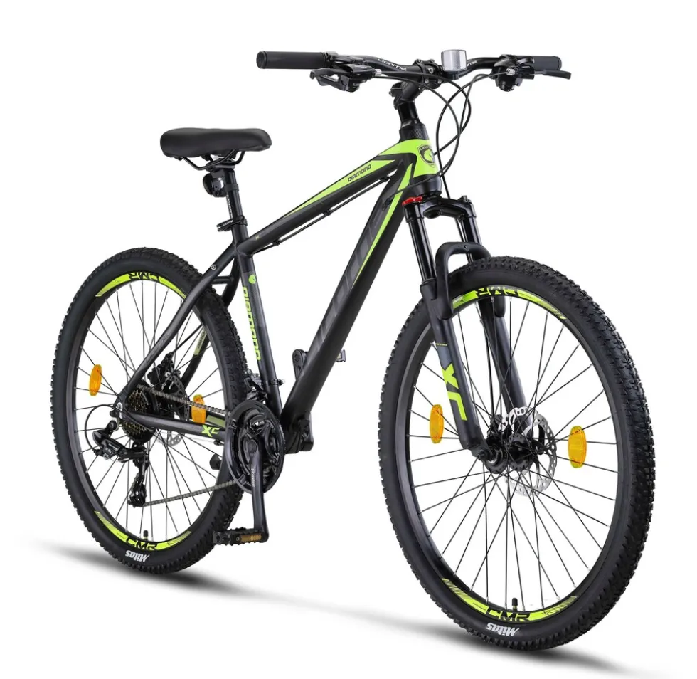 Licorne Bike Diamond Premium Mountainbike Aluminium, Fahrrad für Jungen, Mädchen, Herren und Damen - 21 Gang-Schaltung - Scheibenbremse Herrenrad, einstellbare Vordergabel 26, 27.5 und 29 Zoll Farbe:Schwarz-Lime;Größe:27.5