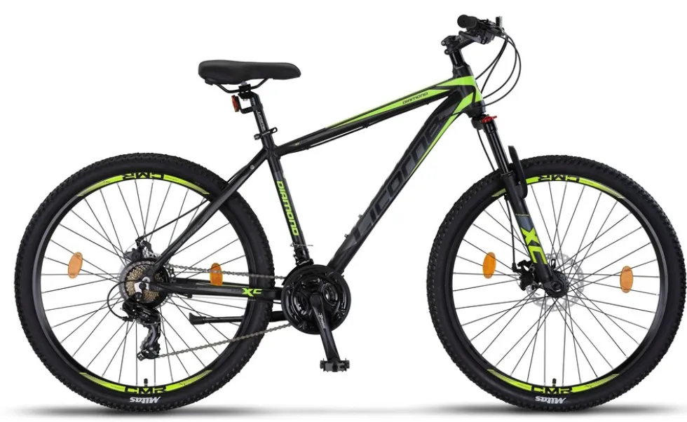 Licorne Bike Diamond Premium Mountainbike Aluminium, Fahrrad für Jungen, Mädchen, Herren und Damen - 21 Gang-Schaltung - Scheibenbremse Herrenrad, einstellbare Vordergabel 26, 27.5 und 29 Zoll Farbe:Schwarz-Lime;Größe:27.5