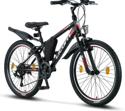 Licorne Bike Guide Premium Mountainbike in 20, 24 und 26 Zoll - Fahrrad für Mädchen, Jungen, Herren und Damen - Shimano 21 Gang-Schaltung, Kinderfahrrad, Kinder Farbe:Schwarz/Rot/Grau;Zoll:24