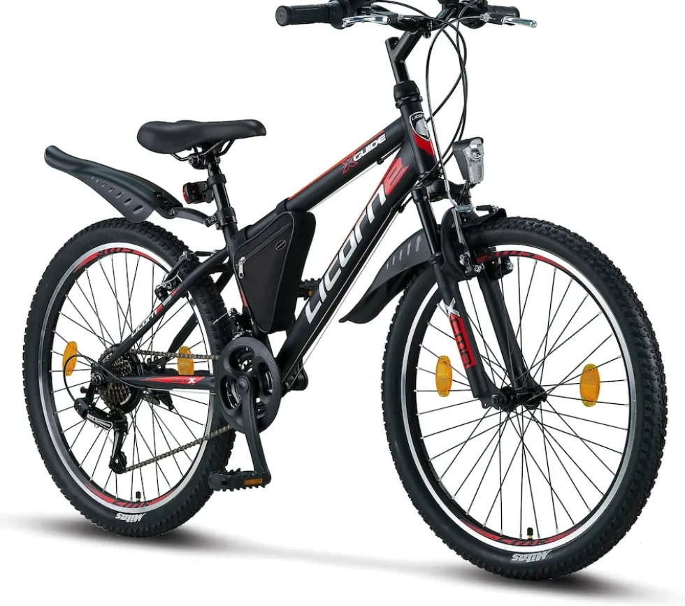 Licorne Bike Guide Premium Mountainbike in 20, 24 und 26 Zoll - Fahrrad für Mädchen, Jungen, Herren und Damen - Shimano 21 Gang-Schaltung, Kinderfahrrad, Kinder Farbe:Schwarz/Rot/Grau;Zoll:24