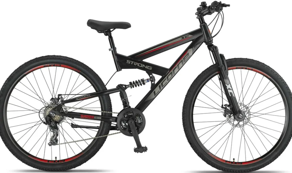 Licorne Bike Strong 2D Premium Mountainbike in 26, 27,5 und 29 Zoll - Fahrrad für Jungen, Mädchen, Damen und Herren - Scheibenbremse vorne und hinten - Shimano 21 Gang-Schaltung - Farbe:Schwarz/Rot;Zoll:29.00