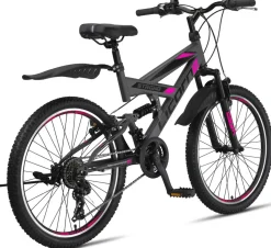Licorne Bike Strong V Premium Mountainbike in 24 und 26 Zoll - Fahrrad für Jungen, Mädchen, Damen und Herren - Shimano 21 Gang-Schaltung - Vollfederung Zoll:26;Farbe:Anthrazit/Rosa