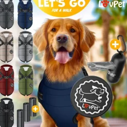 LOVPET® Hundejacke Hundemantel mit Geschirr, inkl. 45 Stück Kotbeutel + Spender, Hunde Winterweste gefüttert wasserdicht, Gepolsterte Weste Mit Brustgurt, Reflektoren, D-Ring