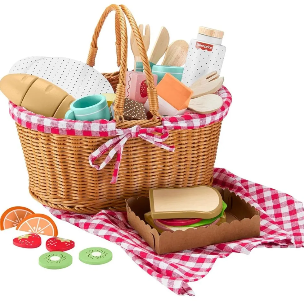 Mattel HXT81 - Fisher-Price - Picknickkorb-Set aus Holz mit Zubehör, 31 Teile