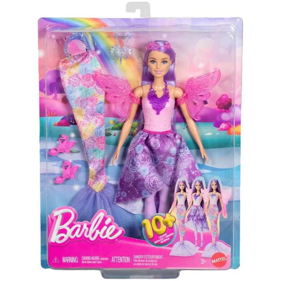 Mattel JCP74 - Barbie - 3-in-1 Puppen-Set: Meerjungfrau-, Feen- & Prinzesinnen-Looks, 8 teiliges Outfit-Set