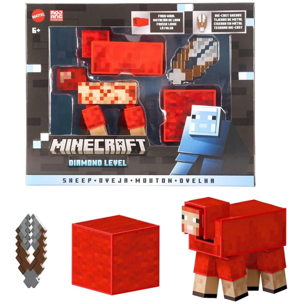 Mattel JCV22 - Minecraft - Mojang Studios - Diamond Level - rotes Schaf Actionfigur, ca. 9 cm mit 3 Zubehörteilen