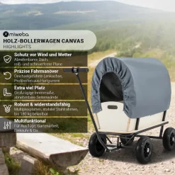 Miweba Holz-Bollerwagen Canvas, mit Dach, deichselgeführte Lenkachse, 180 kg, Profilreifen, Stahl